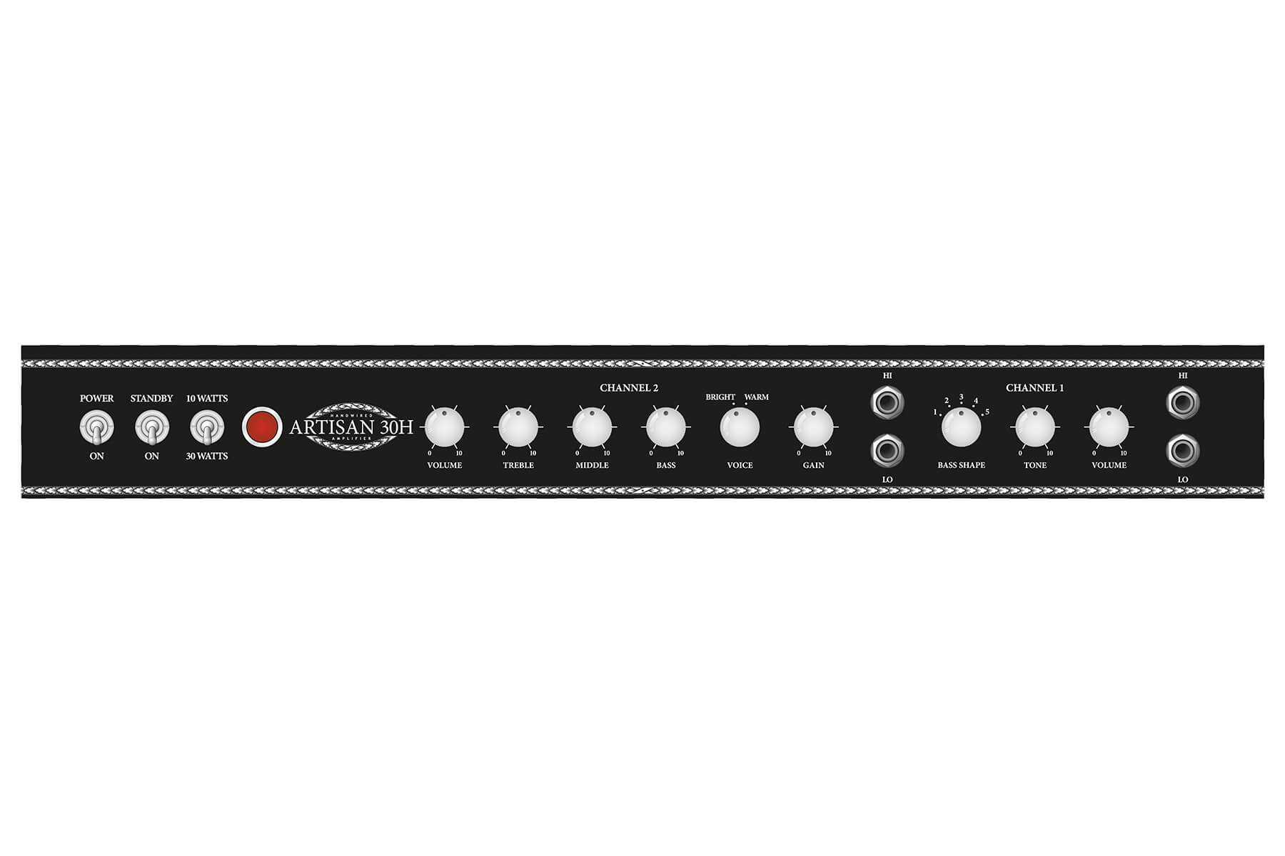 front panel of Artisan 30H valve electric guitar amp head